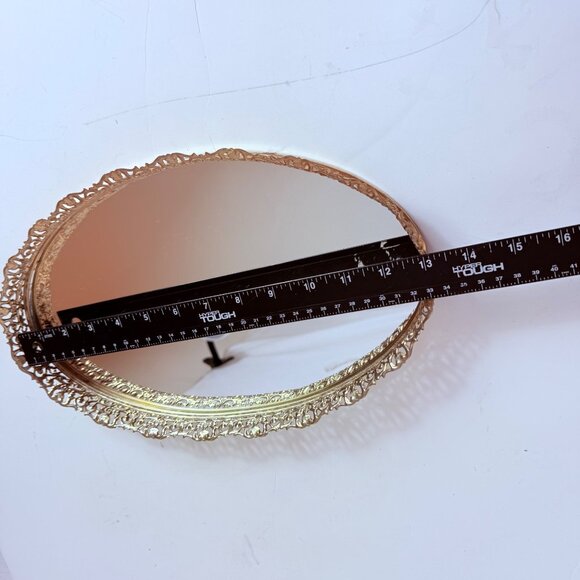 Regency Oval Mirror Vanity Tray VTG Ornate Gold Tone Filigree Glam Dresser Table - Picture 9 of 12